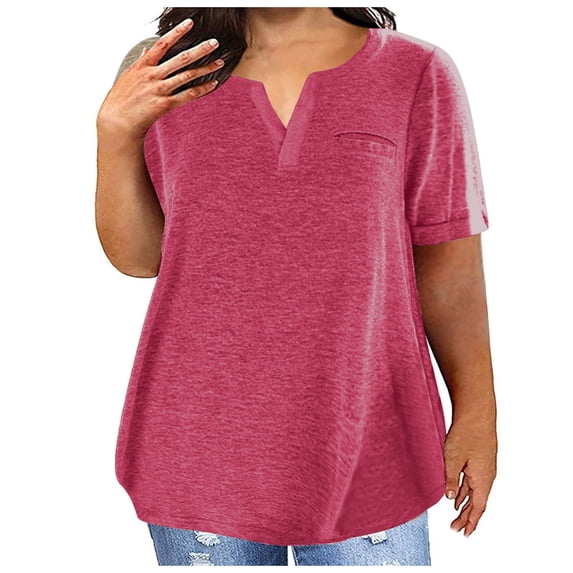 Charella Cotton Tops for Women Plus Size V Neck Basic Tee Shirts Summer Casual Short Sleeve Plain Tshirts Hot Pink 3XL