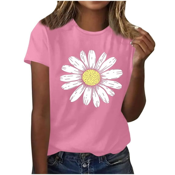 Charella Crew Neck Shirts for Women Flower Printed Short Sleeve Blouses Summer Basic Casual Tops Graphic Tees (XL, Pink 2)