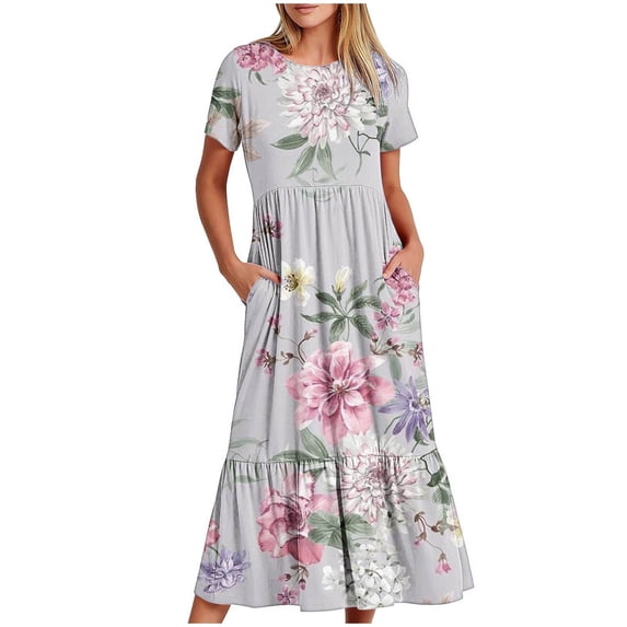 Charella Dresses for Women 2024 Short Sleeve Loose Fit Crewneck Dresses with Two Pockets Spring and Summer Dress,Multicolor,L