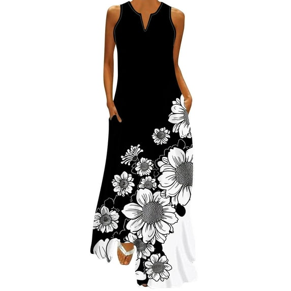 Charella Dresses for Women 2024 Sleeveless Loose Fit V-Neck Dresses with Two Pockets Spring and Summer Beach Dress,Black,XXL