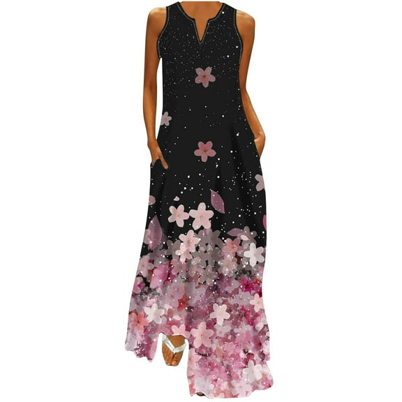 Charella Dresses for Women 2025 Loose Casual Printed Beach Dresses V-Neck Pocket Tank Sundress Sleeveless Dress,Black,XXL