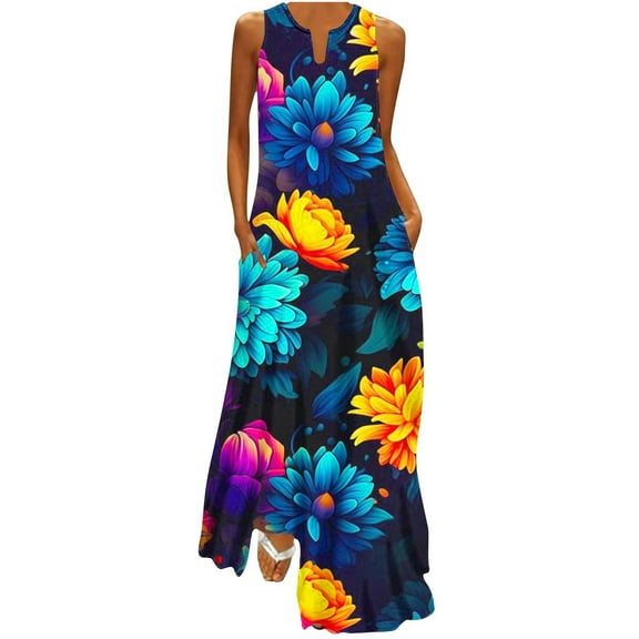 Charella Dresses for Women 2025 Loose Casual Printed Beach Dresses V-Neck Pocket Tank Sundress Sleeveless Dress,Black,XXL