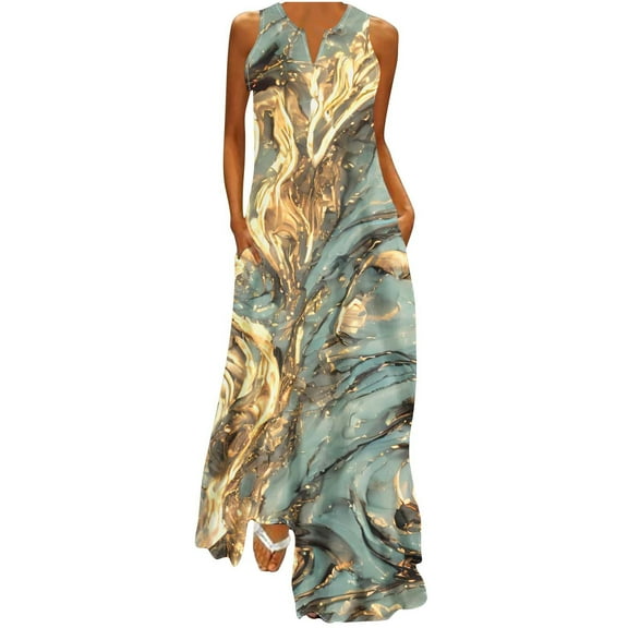 Charella Dresses for Women 2025 Loose Casual Printed Beach Dresses V-Neck Pocket Tank Sundress Sleeveless Dress,Green,M