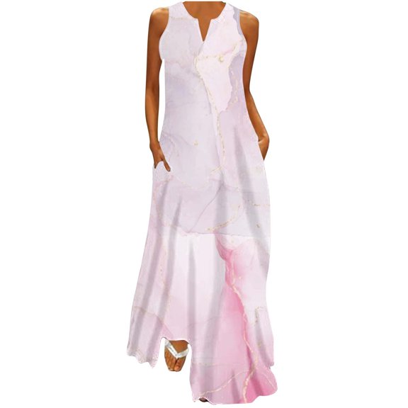 Charella Dresses for Women 2025 Loose Casual Printed Beach Dresses V-Neck Pocket Tank Sundress Sleeveless Dress,Pink,XXL