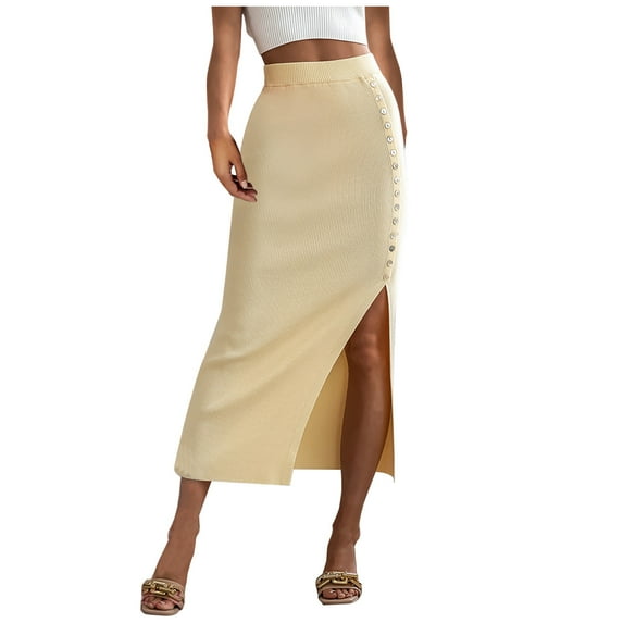 Charella Fashion Women Casual Mid Calf High Waist Button Slit Buttocks Skirt Yellow,XL