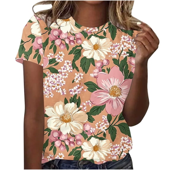 Charella Floral Printed Shirts for Women Crew Neck Short Sleeve Blouses Summer Casual Tops Loose Fit Basic Tees (M, Multicolor 1)