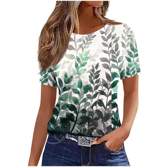 Charella Floral Printed Tops for Women Crew Neck Short Sleeve Shirts Loose Fit Tunic Blouses Casual Comfortable Clothes (2XL, Green)