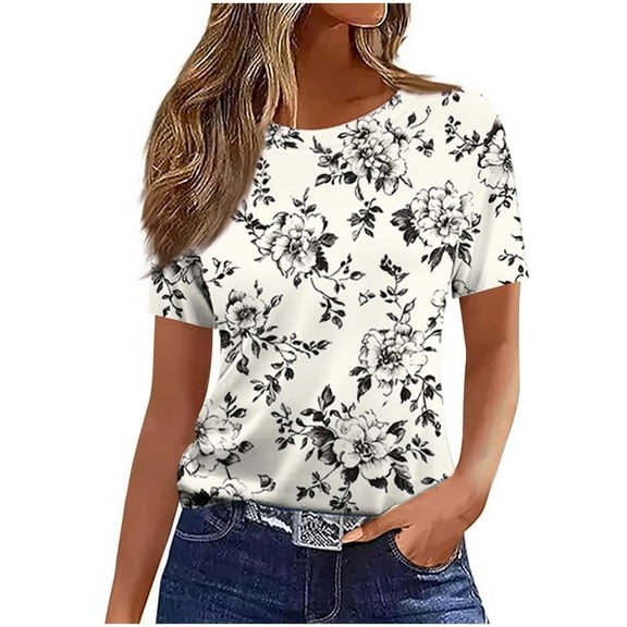 Charella Floral Printed Tops for Women Crew Neck Short Sleeve Shirts Loose Fit Tunic Blouses Casual Comfortable Clothes (L, Khaki 1)