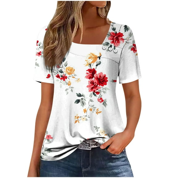 Charella Floral Printed Tops for Women Square Neck Button Short Sleeve Shirts Loose Fit Tunic Blouses Casual Clothes (3XL, White)
