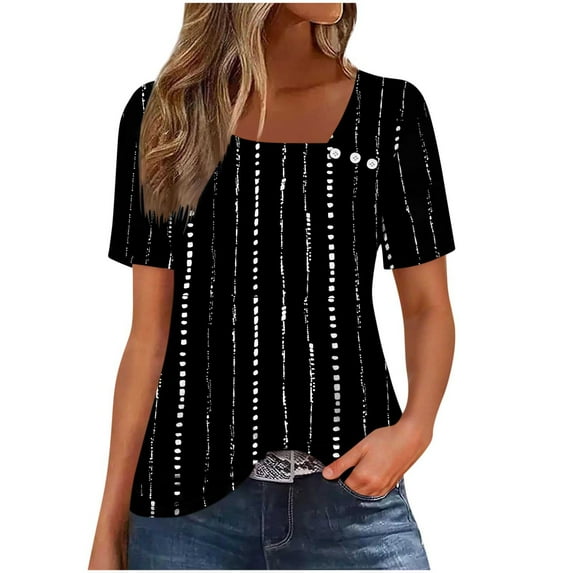 Charella Floral Printed Tops for Women Square Neck Button Short Sleeve Shirts Loose Fit Tunic Blouses Casual Clothes (XL, Black 1)