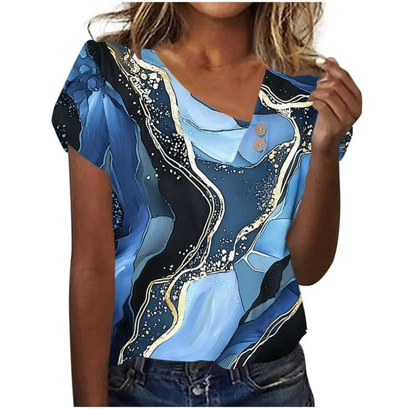 Charella Floral Printed Tops for Women V Neck Button Petal Short Sleeve Shirts Casual Clothes Loose Tunic Blouses (2XL, Navy 1)