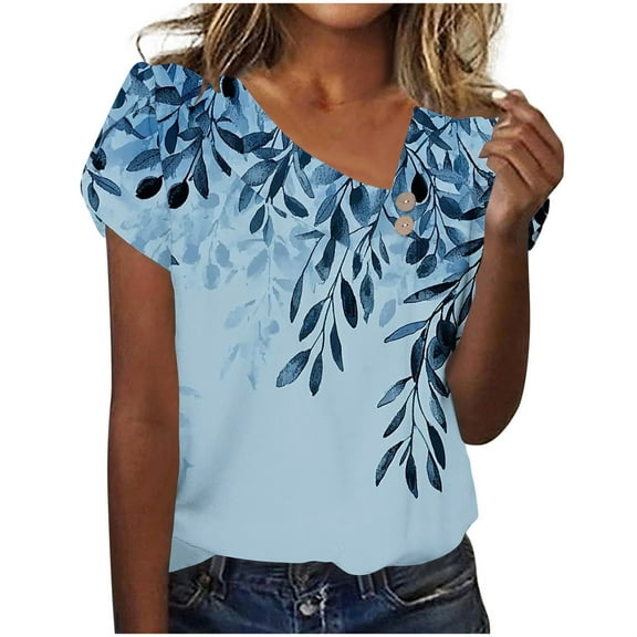 Charella Floral Printed Tops for Women V Neck Button Petal Short Sleeve Shirts Casual Clothes Loose Tunic Blouses (XL, Navy 3)