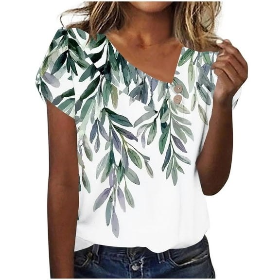 Charella Floral Printed Tops for Women V Neck Button Petal Short Sleeve Shirts Casual Clothes Loose Tunic Blouses (XL, White)