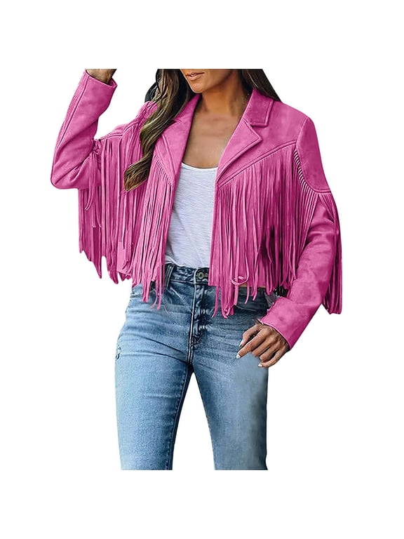 Fringe Coat for Women Faux Suede Leather Cowboy Style Crop Jacket Coat Long Sleeve Tassels Cardigan Coat Hot Pink,XL