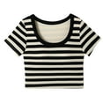 thumbnail image 1 of Charella Girl's Crop Tops with Built in Bra Knit Striped Crew Neck Short Sleeve Tee Summer Padded T-Shirt (14-15 Years, Black), 1 of 4