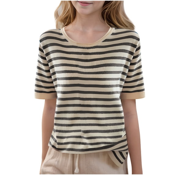 Charella Girls' Summer T-Shirt Fashion Striped Crew Neck Short Sleeve Tops Casual Basic Tee for Kids (12-13 Years, Gray)