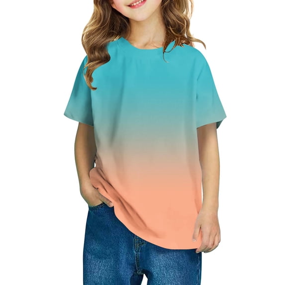 Charella Girls' Summer T-Shirt Gradient Color Crew Neck Short Sleeve Tops Casual Loose Basic Tee for Kids (3 Years, Light Blue)