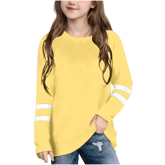 Charella Girls' T-Shirt Striped Short/Long Sleeve Cute Crew Neck Basic Tee Casual Loose Fit Tops for Kids (13 Years, Yellow 1)