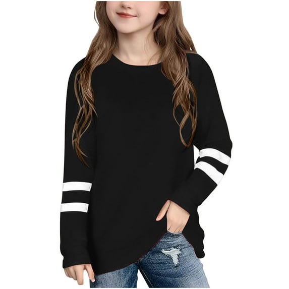 Charella Girls' T-Shirt Striped Short/Long Sleeve Cute Crew Neck Basic Tee Casual Loose Fit Tops for Kids (5 Years, Black 1)
