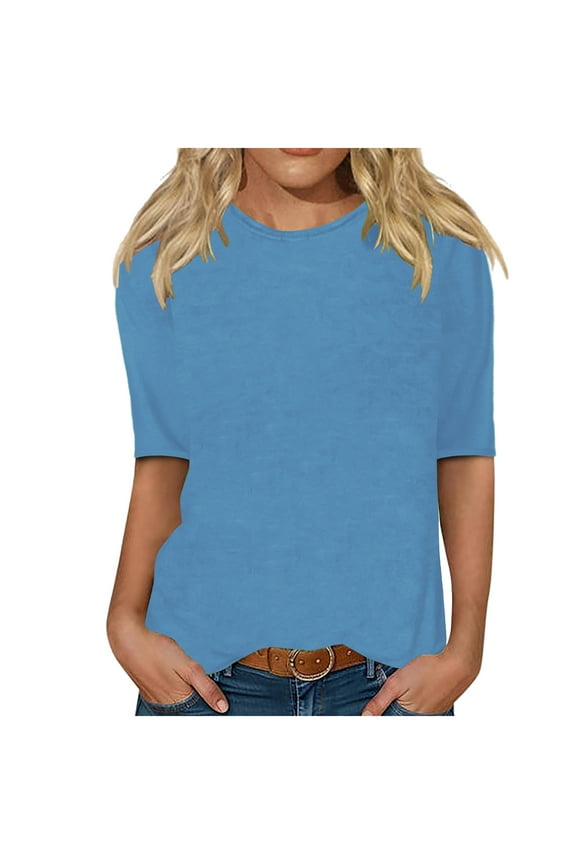 Half Sleeve Tops for Women Loose Fit Crewneck Shirts 2025 Solid Color Womens Blouse,Blue,S