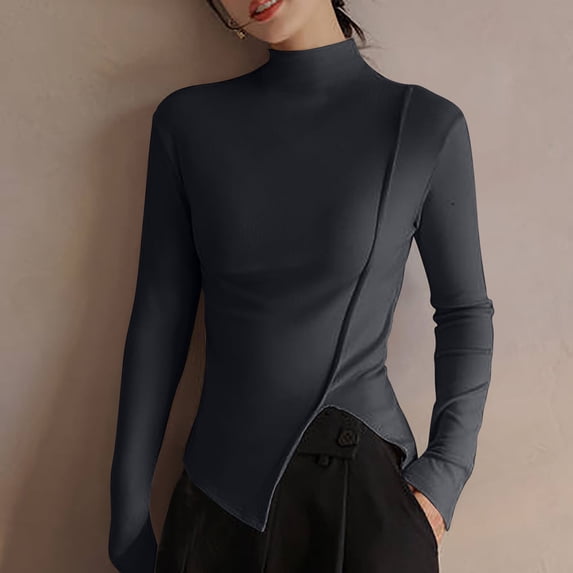 Charella Knitted Shirt for Women Slim Fit Turtleneck Long Sleeve Tee Tops Black,4