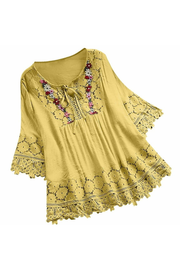 Lace Tops for Women Plus Size S-5X Floral Embroidery Patchwork Tie V Neck Short Sleeve Flowy Boho T-shirt (5X-Large, Yellow)