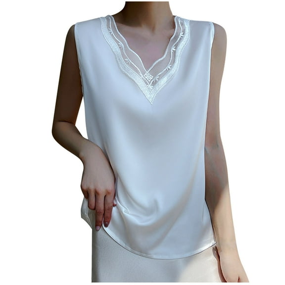 Charella Lace V Neck Tank Tops for Women Summer Dressy Casual Sleeveless Shirts Loose Fit Solid Color Blouses (XL, White)