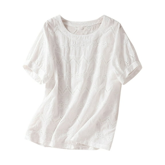 Charella Ladies Cotton Linen Tops Casual Trendy Eyelet Crew Neck Short Sleeve T Shirts Summer Hollow Solid Color Blouses (L, White)