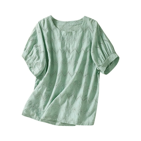 Charella Ladies Cotton Linen Tops Casual Trendy Eyelet Crew Neck Short Sleeve T Shirts Summer Hollow Solid Color Blouses (M, Green)