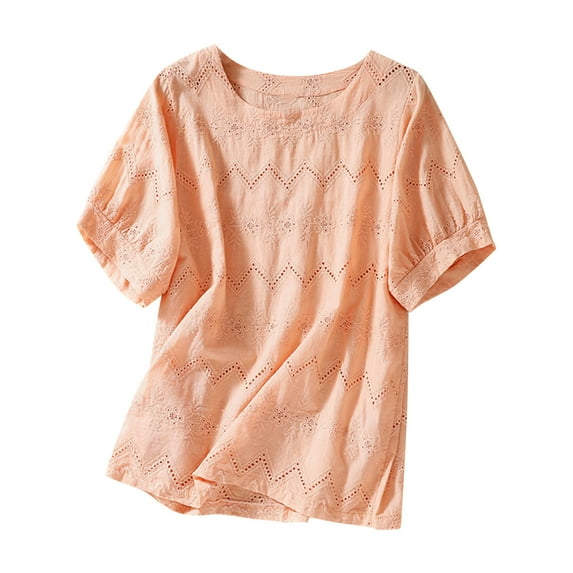 Charella Ladies Cotton Linen Tops Casual Trendy Eyelet Crew Neck Short Sleeve T Shirts Summer Hollow Solid Color Blouses (M, Orange)