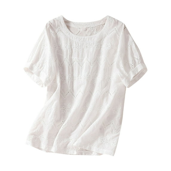 Charella Ladies Cotton Linen Tops Casual Trendy Eyelet Crew Neck Short Sleeve T Shirts Summer Hollow Solid Color Blouses (XL, White)