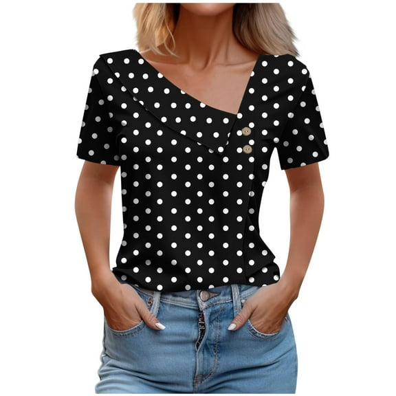 Charella Ladies Dressy Blouses V Neck Button Summer Trendy Striped Short Sleeve Tunic Tops Casual Loose Shirts Clothing (2XL, Black 1)