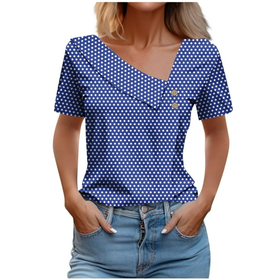 Charella Ladies Dressy Blouses V Neck Button Summer Trendy Striped Short Sleeve Tunic Tops Casual Loose Shirts Clothing (L, Navy 1)