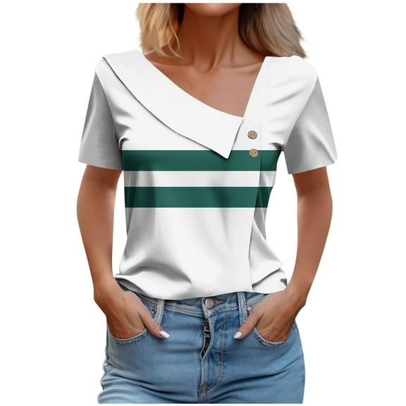 Charella Ladies Dressy Blouses V Neck Button Summer Trendy Striped Short Sleeve Tunic Tops Casual Loose Shirts Clothing (L, White)