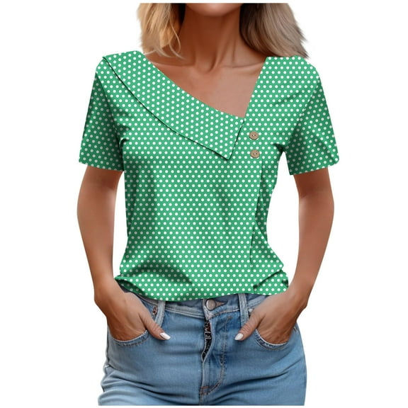 Charella Ladies Dressy Blouses V Neck Button Summer Trendy Striped Short Sleeve Tunic Tops Casual Loose Shirts Clothing (M, Green)