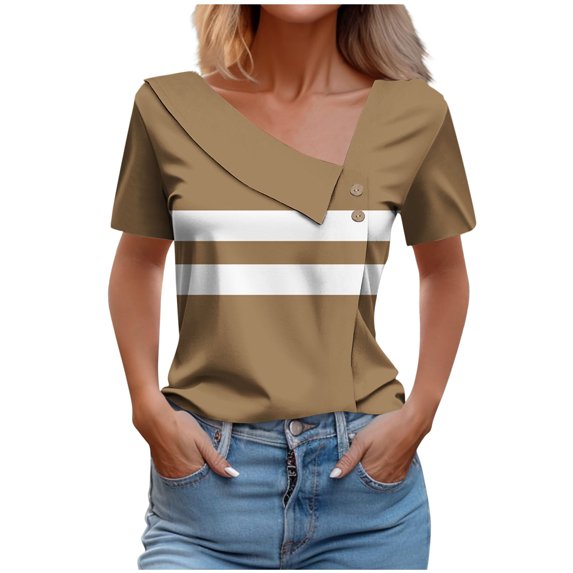 Charella Ladies Dressy Blouses V Neck Button Summer Trendy Striped Short Sleeve Tunic Tops Casual Loose Shirts Clothing (M, Khaki)