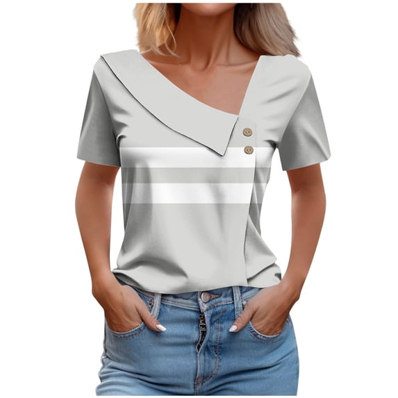 Charella Ladies Dressy Blouses V Neck Button Summer Trendy Striped Short Sleeve Tunic Tops Casual Loose Shirts Clothing (XL, Gray)
