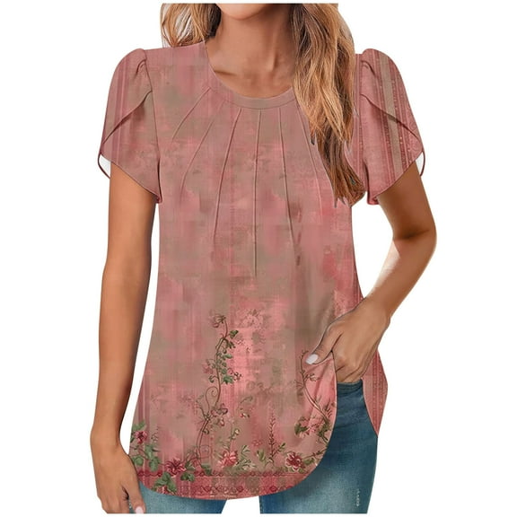 Charella Ladies Floral Printed Tops Trendy Summer Crew Neck Petal Short Sleeve T Shirts Dressy Casual Loose Tunic Blouses (L, Multicolor 14)