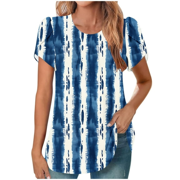 Charella Ladies Floral Printed Tops Trendy Summer Crew Neck Petal Short Sleeve T Shirts Dressy Casual Loose Tunic Blouses (L, Multicolor 6)