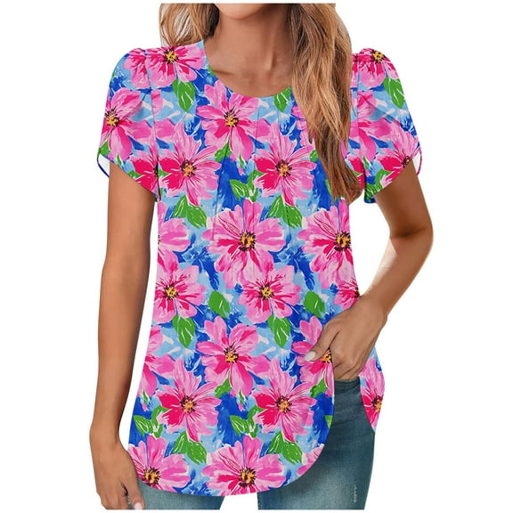 Charella Ladies Floral Printed Tops Trendy Summer Crew Neck Petal Short Sleeve T Shirts Dressy Casual Loose Tunic Blouses (M, Multicolor 4)