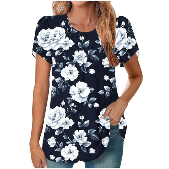 Charella Ladies Floral Printed Tops Trendy Summer Crew Neck Petal Short Sleeve T Shirts Dressy Casual Loose Tunic Blouses (S, Multicolor 1)