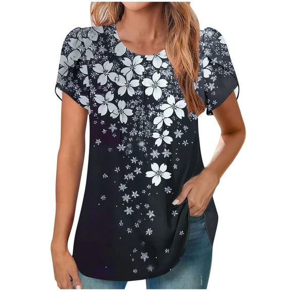 Charella Ladies Floral Printed Tops Trendy Summer Crew Neck Petal Short Sleeve T Shirts Dressy Casual Loose Tunic Blouses (XL, Multicolor 10)