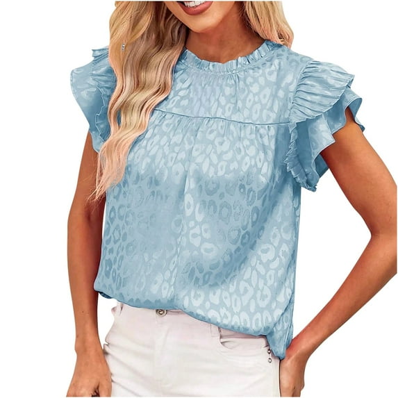 Charella Ladies Ruffle Sleeve Blouses Dressy Casual Chiffon Mock Neck Short Sleeve Tops Summer Floral Loose Fit Shirts (L, Sky Blue)