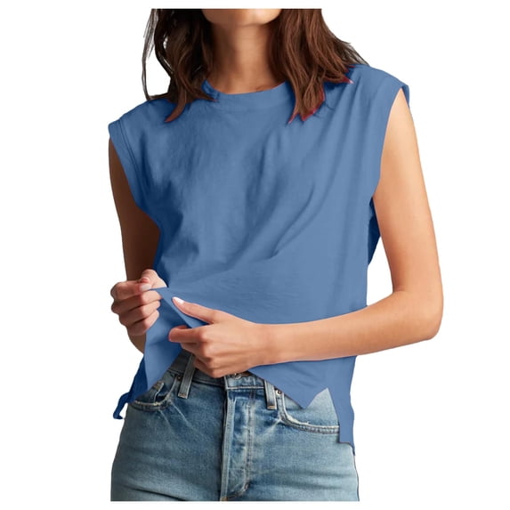 Charella Ladies Sleeveless Cotton Tank Tops 2024 Summer Tanks Tshirts Crewneck Solid Basic Tees with Side Splits (3X-Large, Navy)