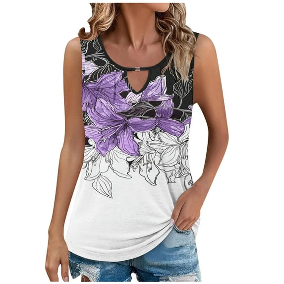 Charella Ladies Tank Tops Loose Fit Summer Floral Printed Keyhole Neck Sleeveless T Shirts Casual Pleated Tunic Blouses (L, Purple 2)