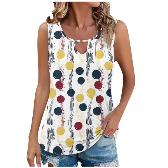 Charella Ladies Tank Tops Loose Fit Summer Floral Printed Keyhole Neck Sleeveless T Shirts Casual Pleated Tunic Blouses (L, White)