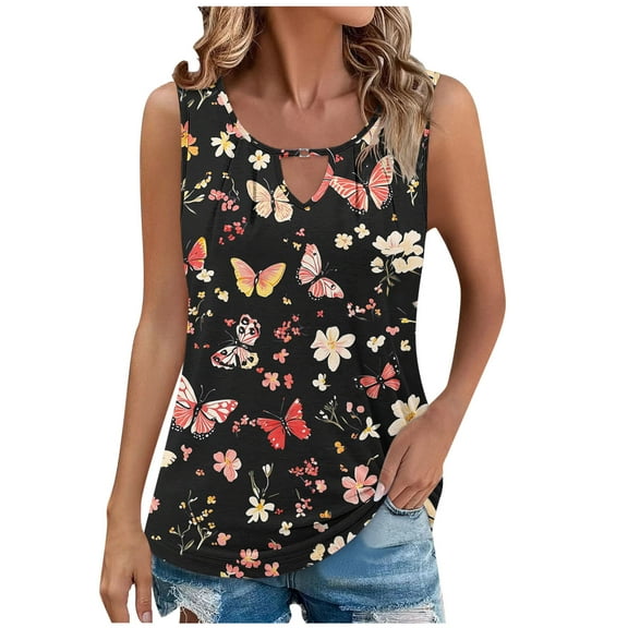 Charella Ladies Tank Tops Loose Fit Summer Floral Printed Keyhole Neck Sleeveless T Shirts Casual Pleated Tunic Blouses (S, Black 1)