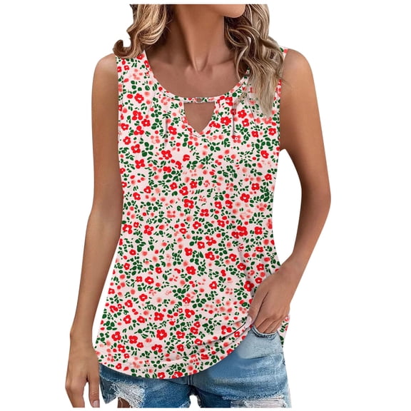 Charella Ladies Tank Tops Loose Fit Summer Floral Printed Keyhole Neck Sleeveless T Shirts Casual Pleated Tunic Blouses (S, Hot Pink)