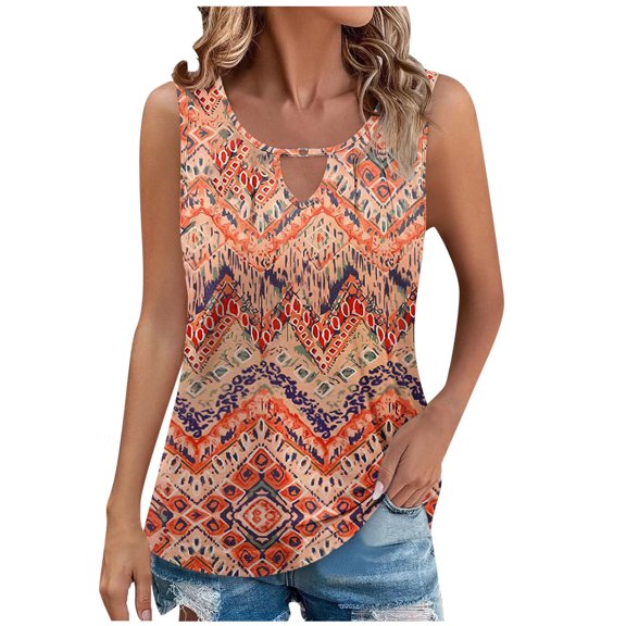 Charella Ladies Tank Tops Loose Fit Summer Floral Printed Keyhole Neck Sleeveless T Shirts Casual Pleated Tunic Blouses (S, Orange)