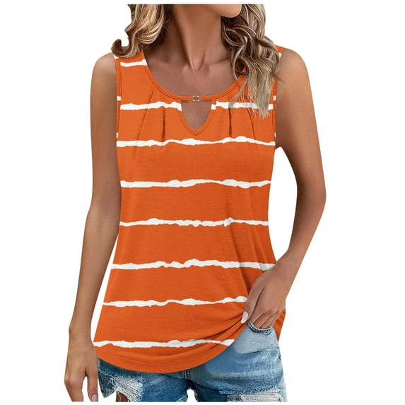Charella Ladies Tank Tops Loose Fit Summer Polka Dots Keyhole Neck Sleeveless T Shirts Casual Trendy Pleated Tunic Blouses (L, Orange 2)